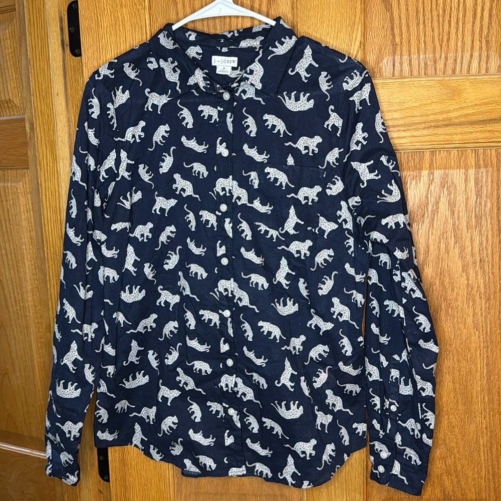 J by J Crew Shirt Leopard Cheetah Tiger Print Navy Blue Button Up, Cotton Medium